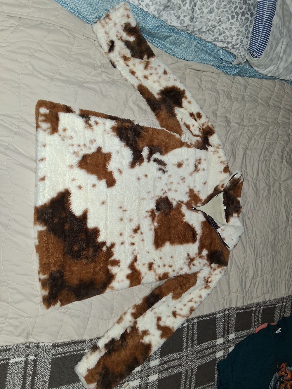 Faux Fur Cow-Print Pullover Jacket in Brown & White